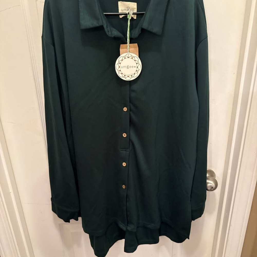 Umgee Dark Forest Green Button-Down Long Sleeve Romper, NEW with Tags